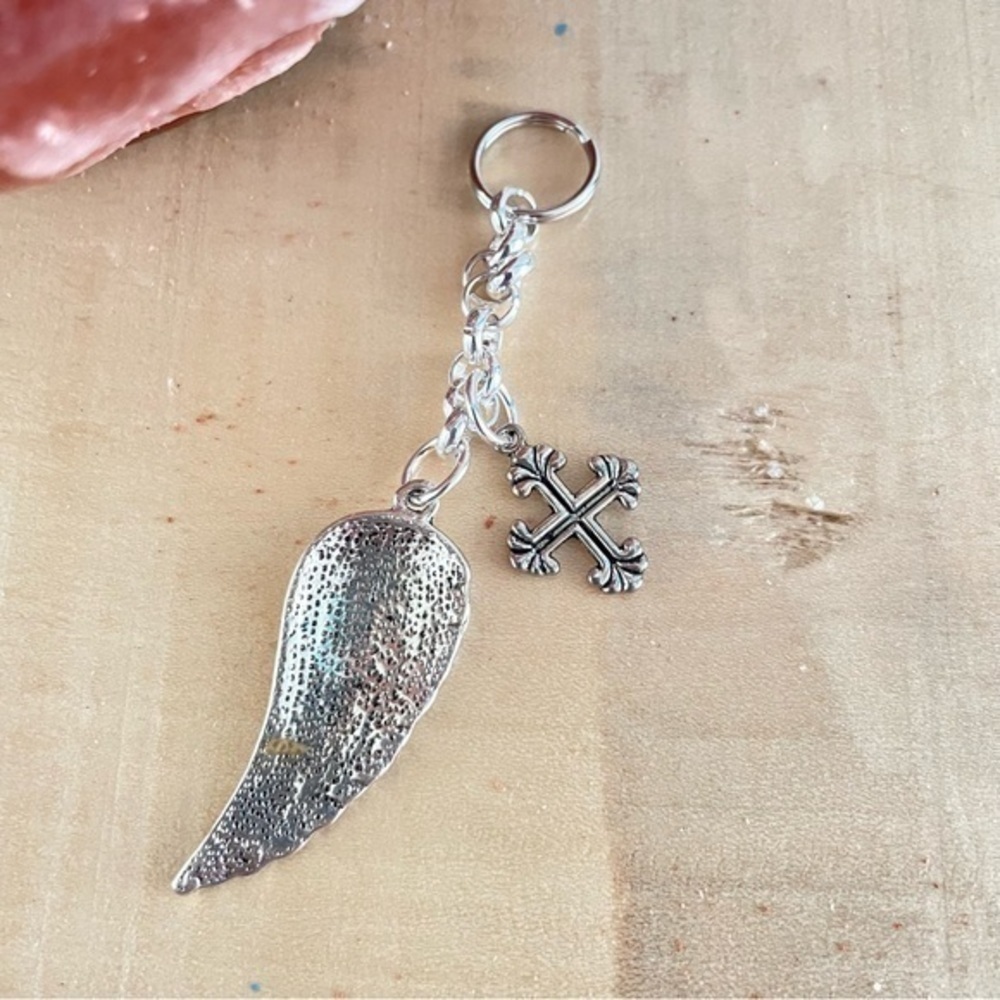 $10 SALE Handmade Cross & Angel Wing Keychain Mixed Metal - Picture 2 of 4